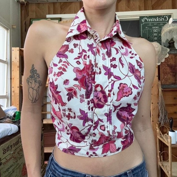 Express Stretch Vintage Y2K Pink Floral Paisley Halter Top Open Back Size 5/6 - Picture 3 of 8